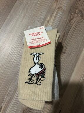 American Eagle Outfitters Beige Crew Socks with Snoopy